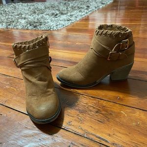 Tan ankle booties with side buckles